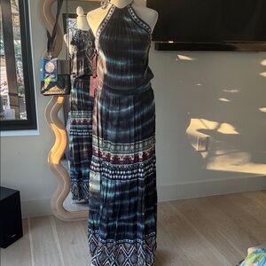 Elegant Black and Blue Halter Maxi Dress